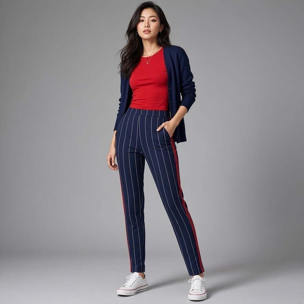 Anthropologie Navy Pinstripe Tapered Pants Womens XS Red Side Stripe Elastic